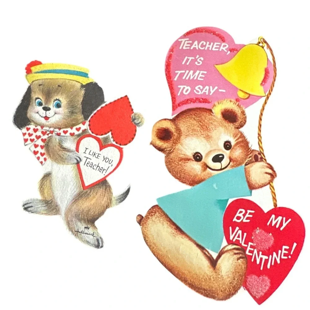 Vintage Hallmark Teacher Valentine Cards‎ Puppy Bear Die Cut Ephemera Lot of 2